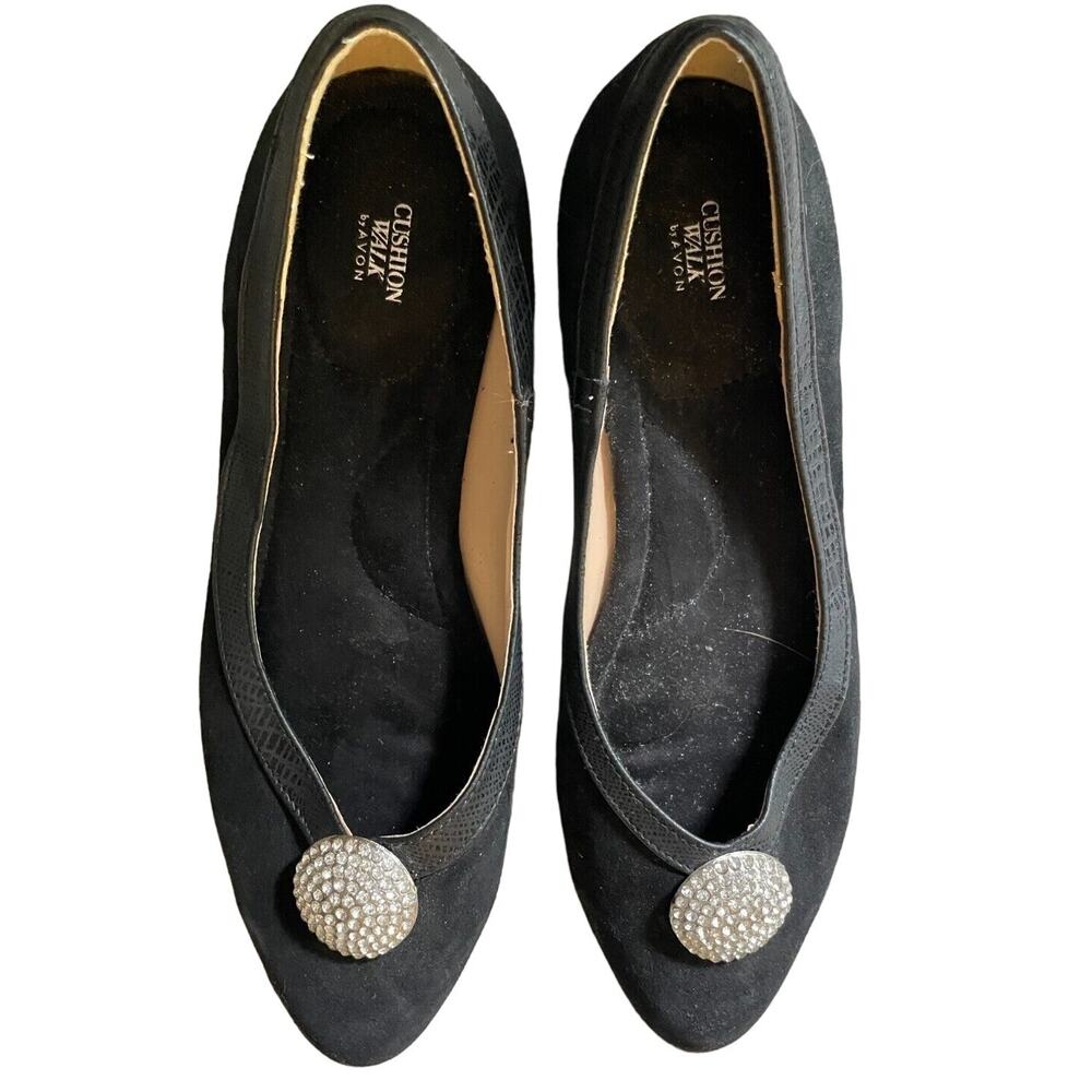 Womens Cushion Walk Almond Toe Flats by Avon Black Size 7 Rhinestones